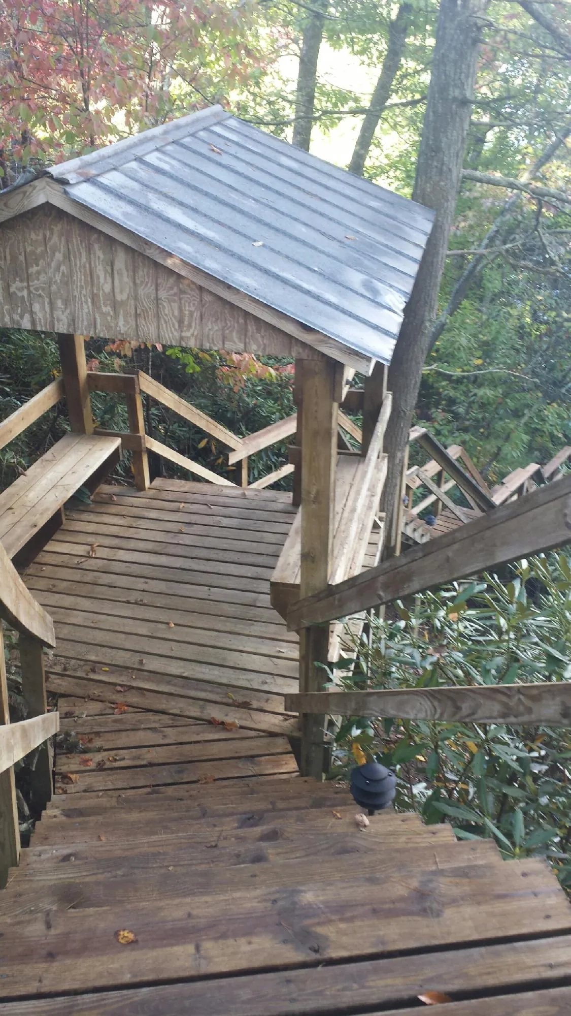Metal roofed shelter over wooden steps on a wooded walkway — Skylight Repair & Installation work by our crew in Lewisville